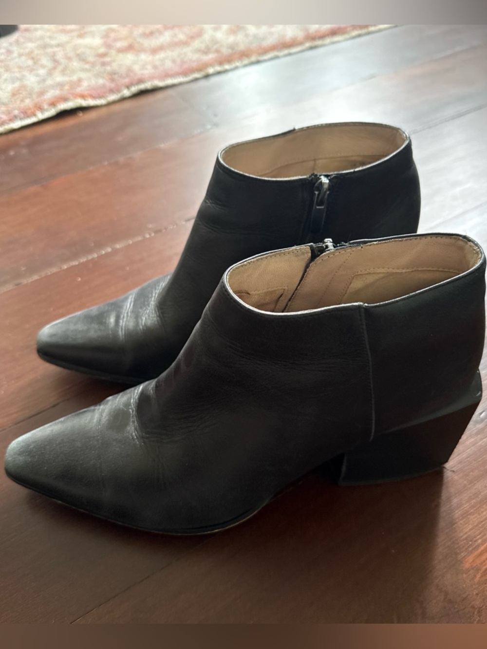 Clarks Black Leather Pointed Ankle Booties with Low Block Heel